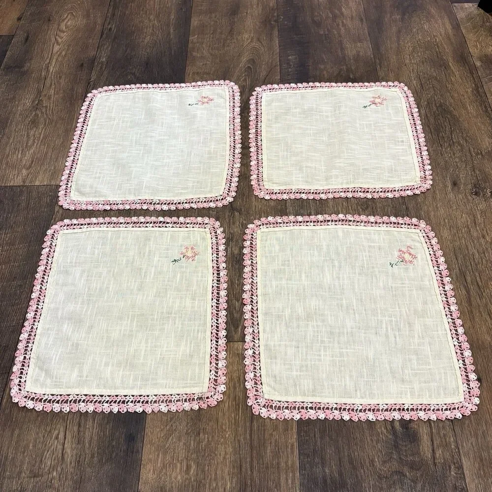 Set of 4 Vintage Handmade Linen Napkins Pink Crochet Trim Embroidered Floral